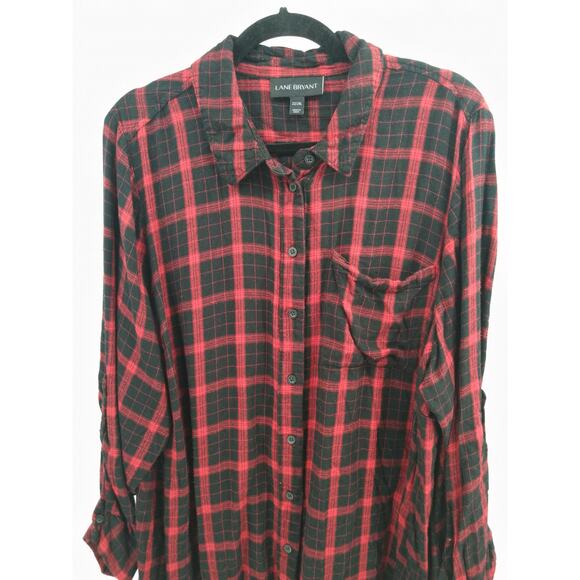 Lane Bryant Shirt Top Plus 22 24 Long Plaid Button Down Roll Christmas Red Black - Picture 4 of 7